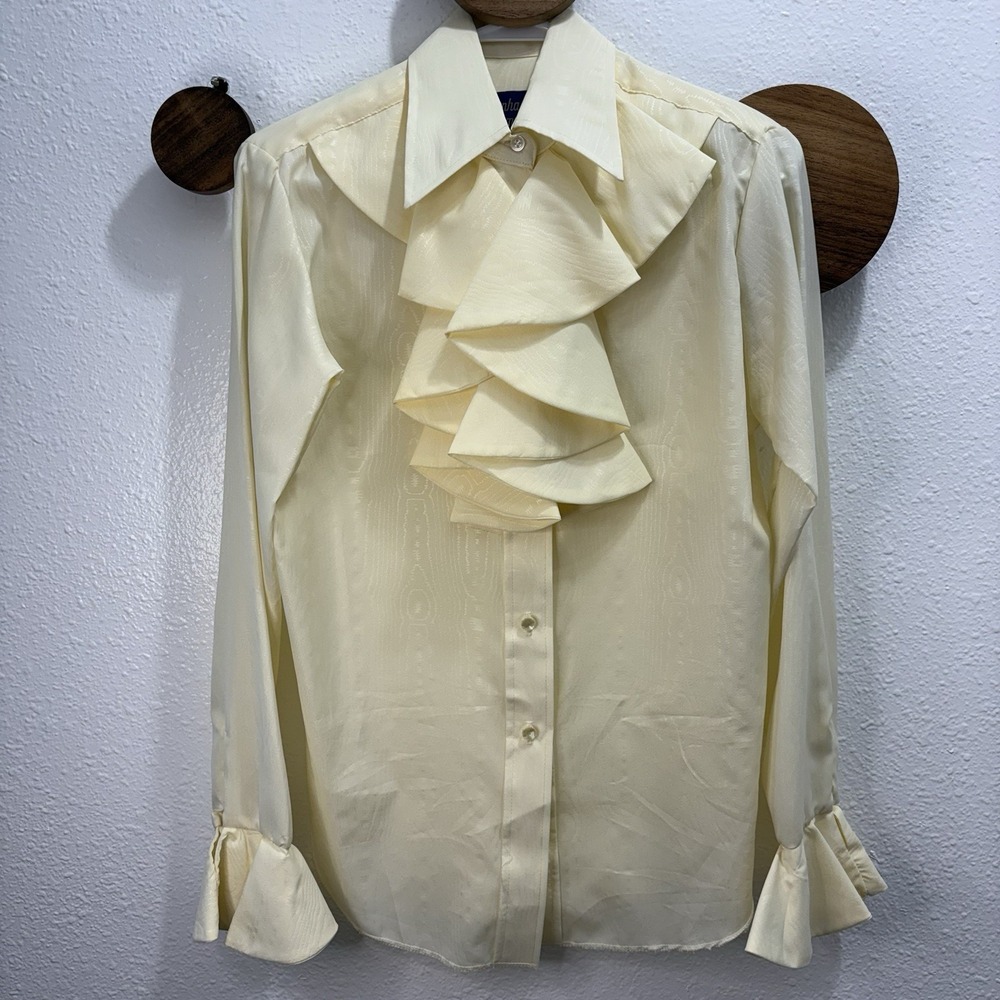 VTG 70s Western Blouse Rockabilly Victorian Front Ruffle Neck Cascade Ivory 14